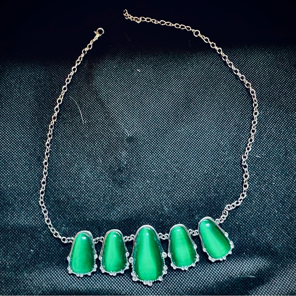 Green Stone Necklace with Silver Chain